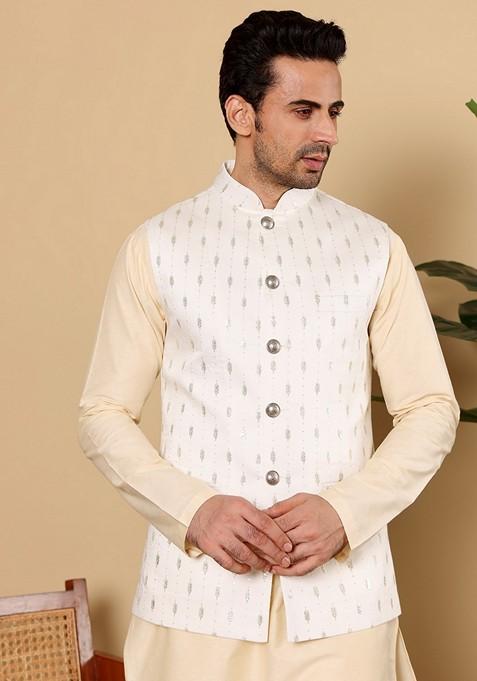 White Embellished Viscose Silk Nehru Jacket