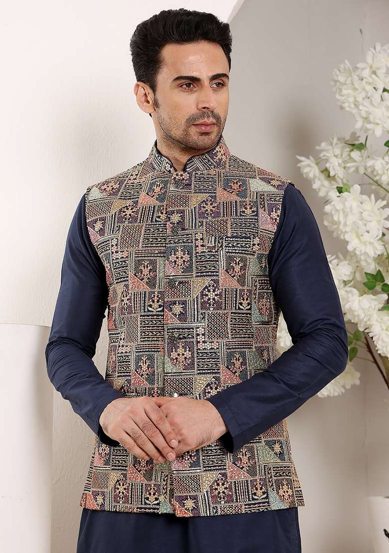 Multicolor Embellished Viscose Dupion Silk Blend Nehru Jacket - Indya