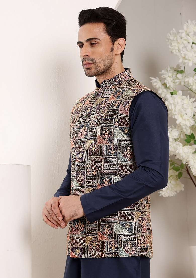 Multicolor Embellished Viscose Dupion Silk Blend Nehru Jacket - Indya