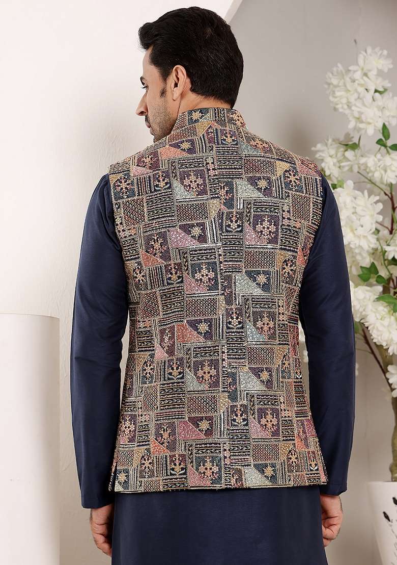 Multicolor Embellished Viscose Dupion Silk Blend Nehru Jacket - Indya