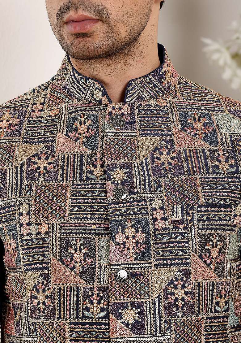 Multicolor Embellished Viscose Dupion Silk Blend Nehru Jacket - Indya