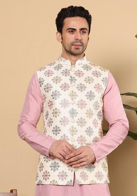 White Embellished Viscose Dupion Silk Nehru Jacket