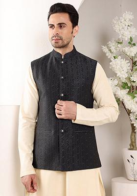 Black Embellished Rayon Silk Nehru Jacket