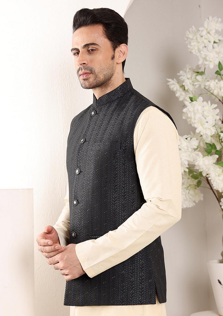 Black Embellished Rayon Silk Nehru Jacket