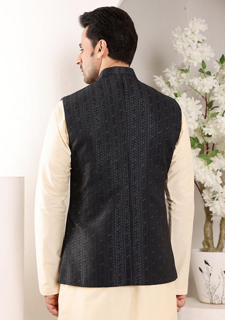 Black Embellished Rayon Silk Nehru Jacket