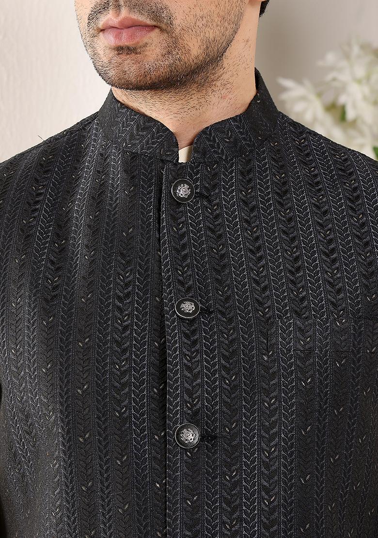 Black Embellished Rayon Silk Nehru Jacket