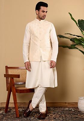 Cream Embellished Viscose Silk Nehru Jacket