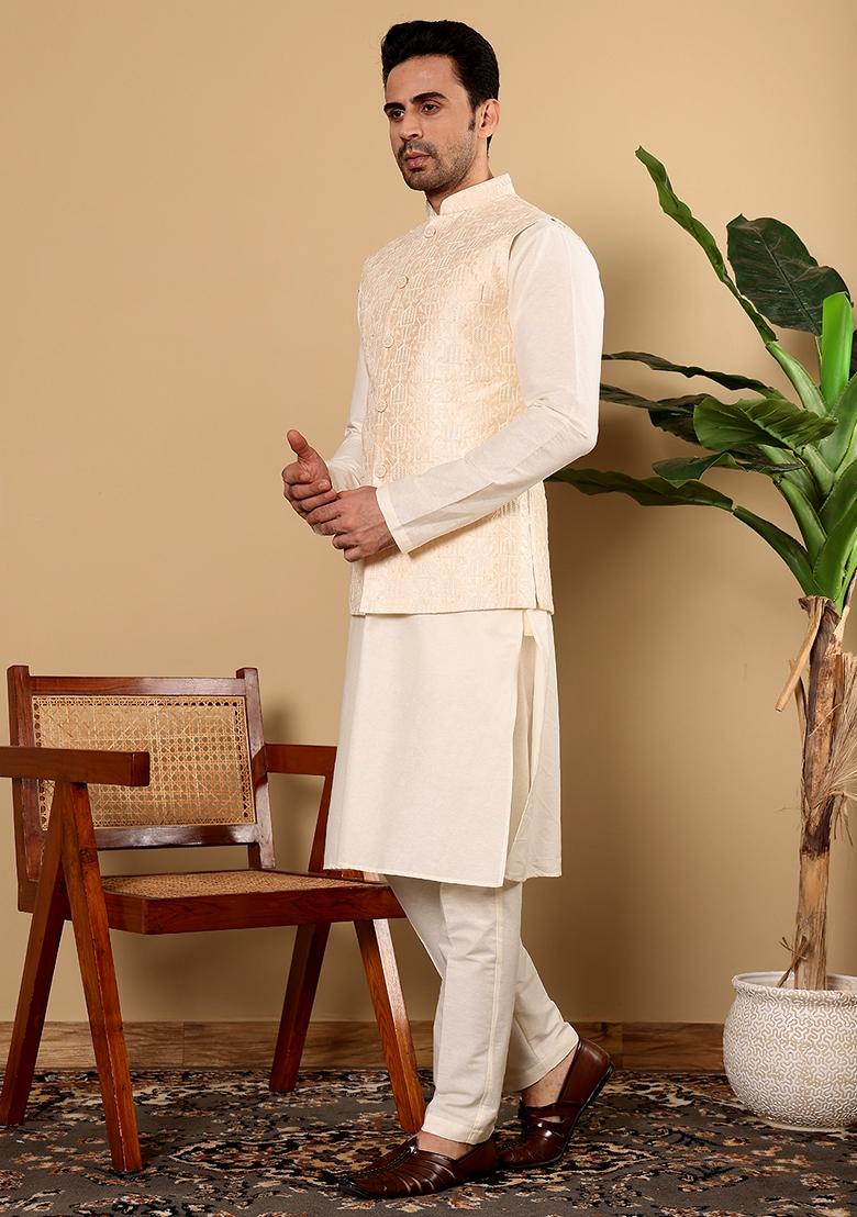 Cream Embellished Viscose Silk Nehru Jacket - Indya