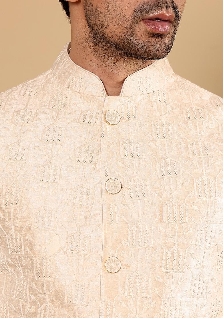 Cream Embellished Viscose Silk Nehru Jacket - Indya