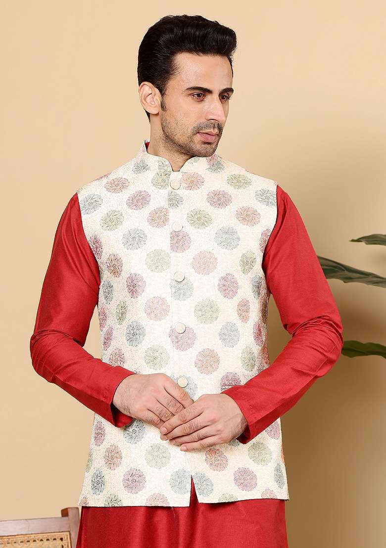 White Embellished Viscose Dupion Silk Blend Nehru Jacket - Indya