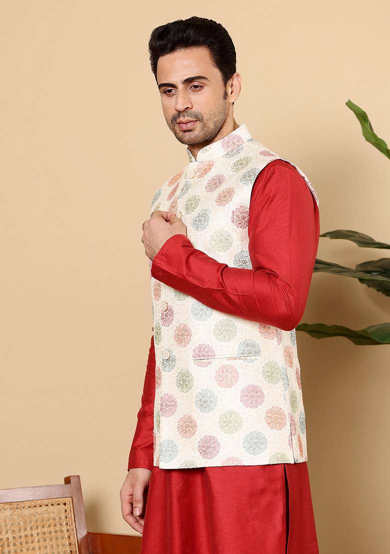 White Embellished Viscose Dupion Silk Blend Nehru Jacket - Indya