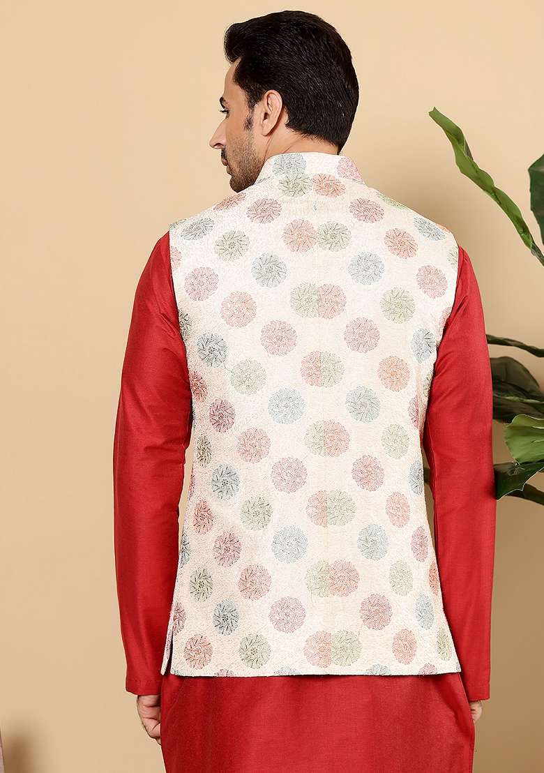 White Embellished Viscose Dupion Silk Blend Nehru Jacket - Indya