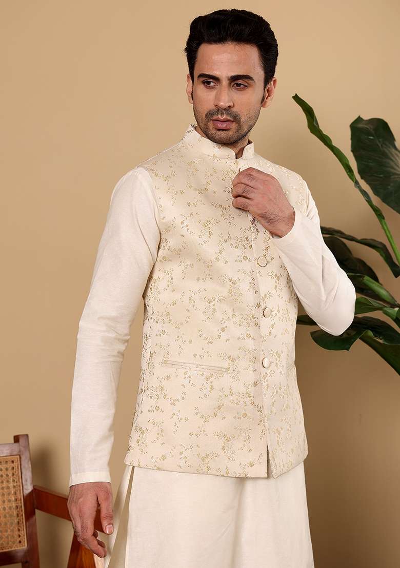 Cream Embellished Viscose Silk Blend Nehru Jacket - Indya