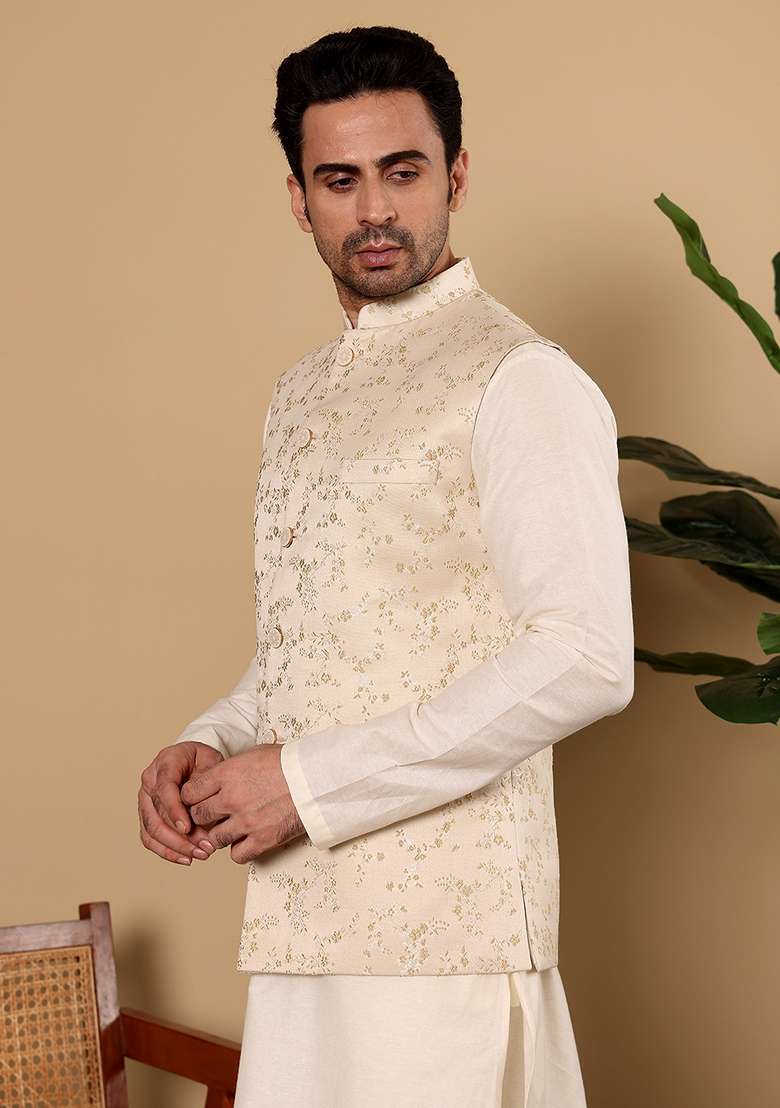 Cream Embellished Viscose Silk Blend Nehru Jacket - Indya