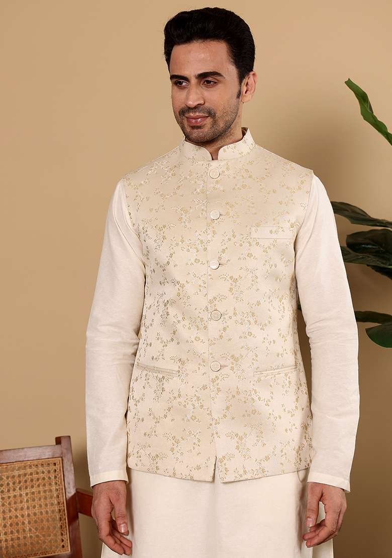 Cream Embellished Viscose Silk Blend Nehru Jacket - Indya