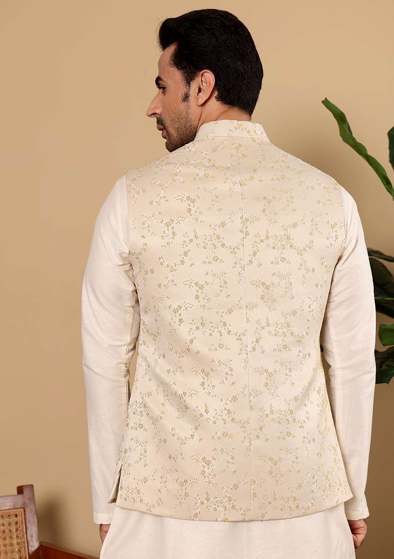 Cream Embellished Viscose Silk Blend Nehru Jacket - Indya