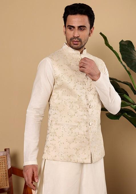 Cream Embellished Viscose Silk Nehru Jacket