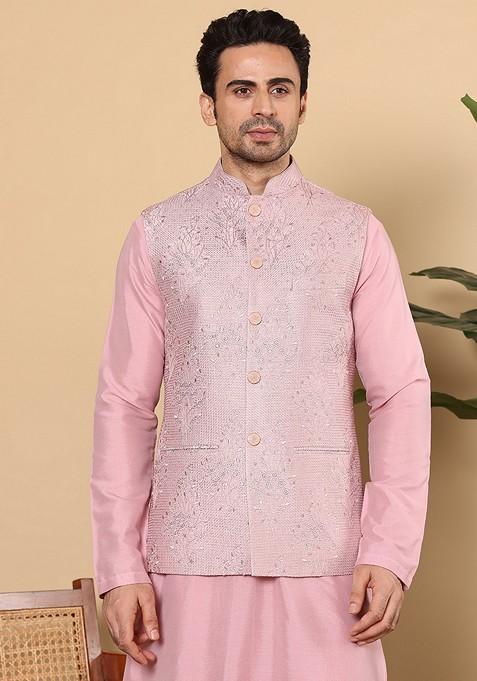 Pink Embellished Viscose Dupion Silk Nehru Jacket