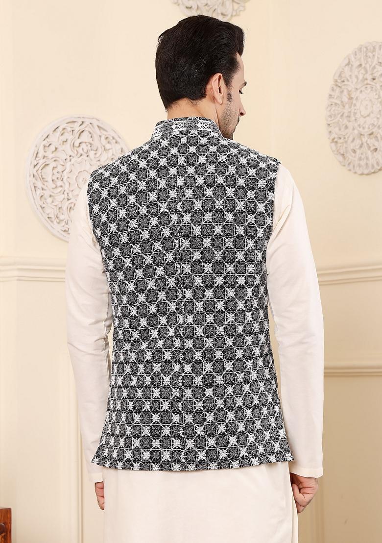 Black Embellished Rayon Silk Nehru Jacket
