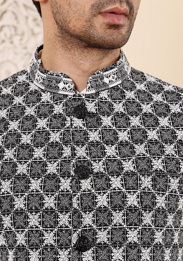 Black Embellished Rayon Silk Nehru Jacket
