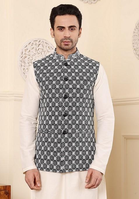 Black Embellished Rayon Silk Nehru Jacket