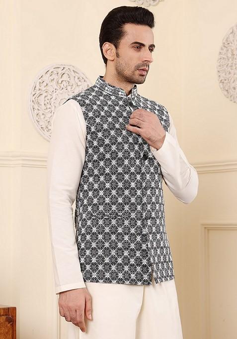 Black Embellished Rayon Silk Nehru Jacket