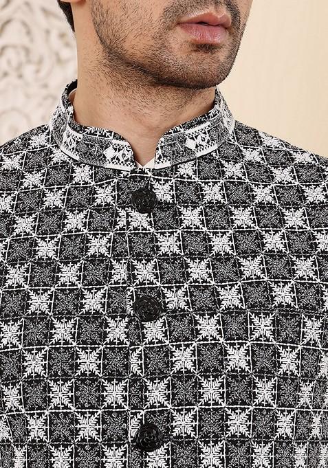 Black Embellished Rayon Silk Nehru Jacket