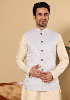 Light Blue Embellished Viscose Silk Nehru Jacket