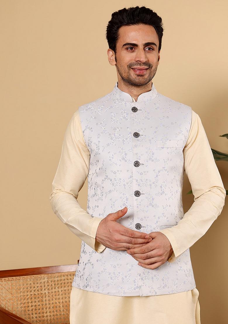 Light Blue Embellished Viscose Silk Nehru Jacket