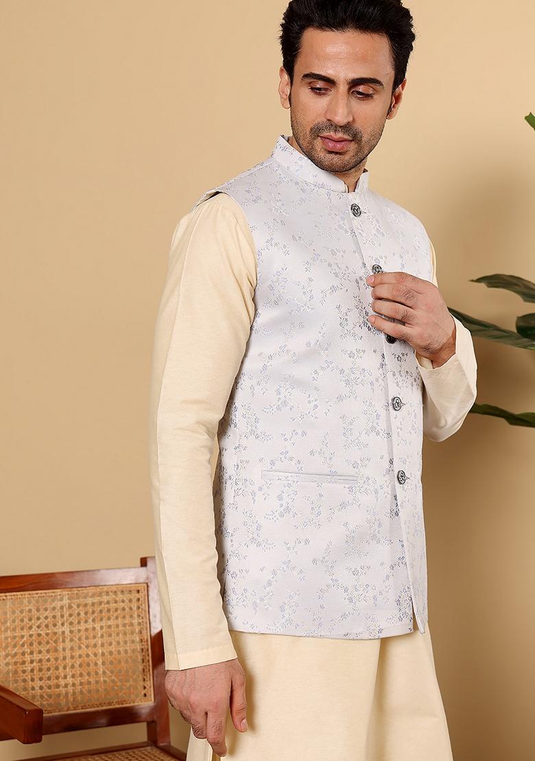 Light Blue Embellished Viscose Silk Nehru Jacket