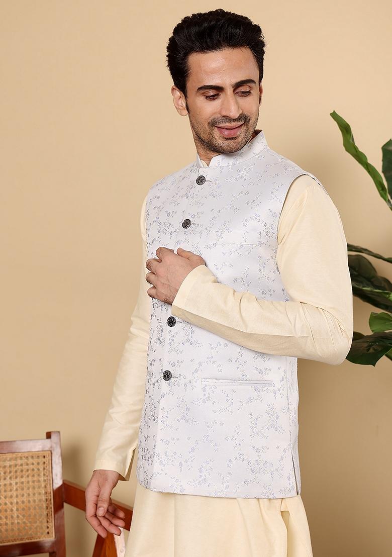 Light Blue Embellished Viscose Silk Nehru Jacket