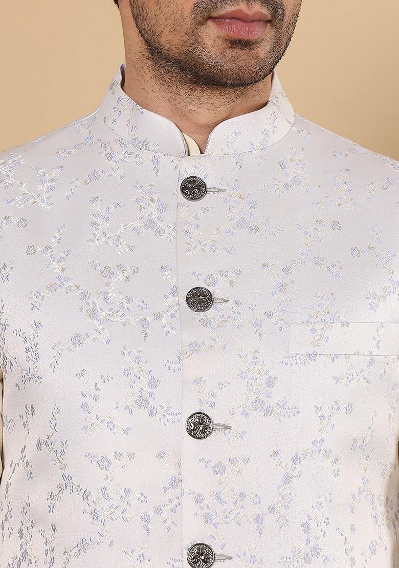 Light Blue Embellished Viscose Silk Nehru Jacket