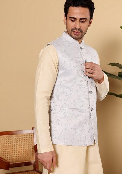 Light Blue Embellished Viscose Silk Nehru Jacket
