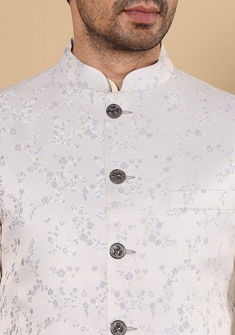 Light Blue Embellished Viscose Silk Nehru Jacket