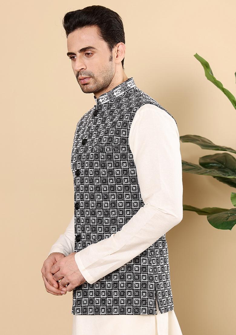 Black Embellished Viscose Silk Nehru Jacket