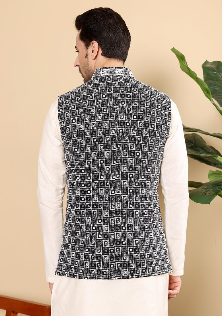 Black Embellished Viscose Silk Nehru Jacket