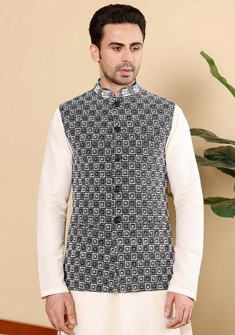 Black Embellished Viscose Silk Nehru Jacket