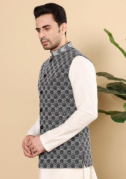 Black Embellished Viscose Silk Nehru Jacket