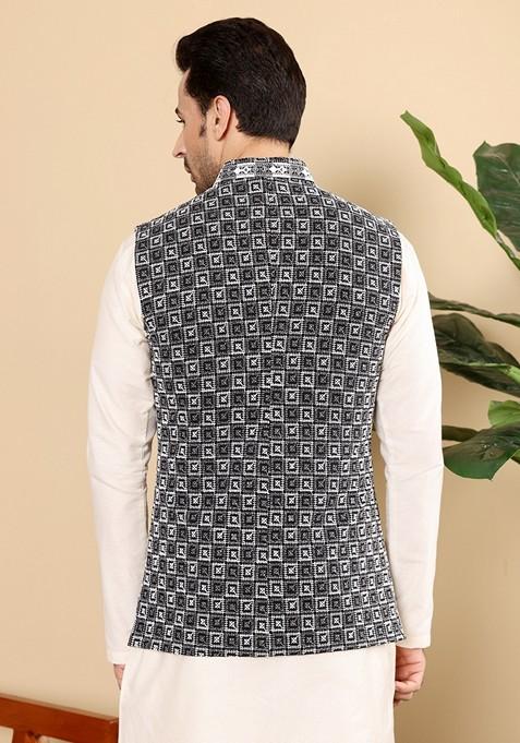 Black Embellished Viscose Silk Nehru Jacket