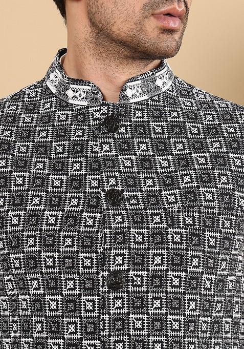 Black Embellished Viscose Silk Nehru Jacket