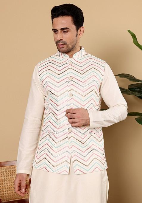 White Embellished Viscose Silk Nehru Jacket