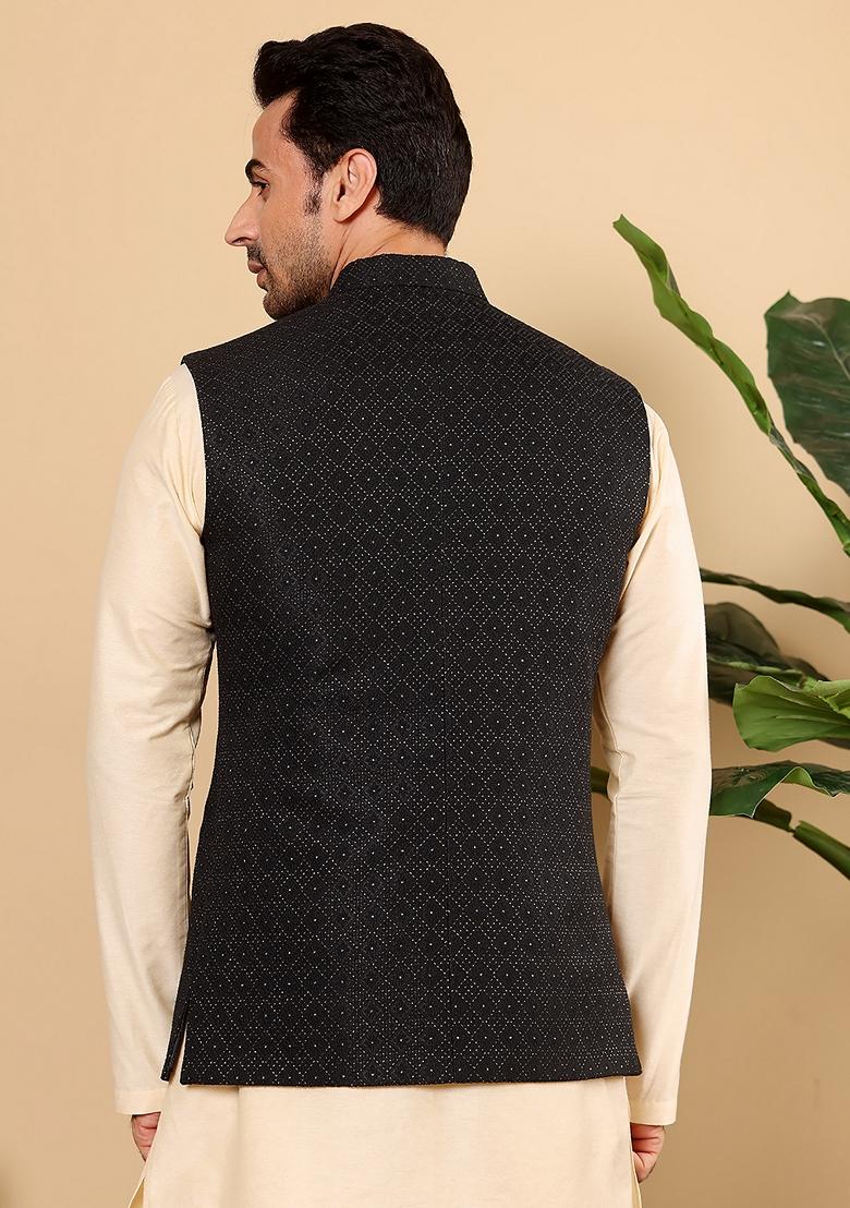 Black Embellished Viscose Silk Nehru Jacket