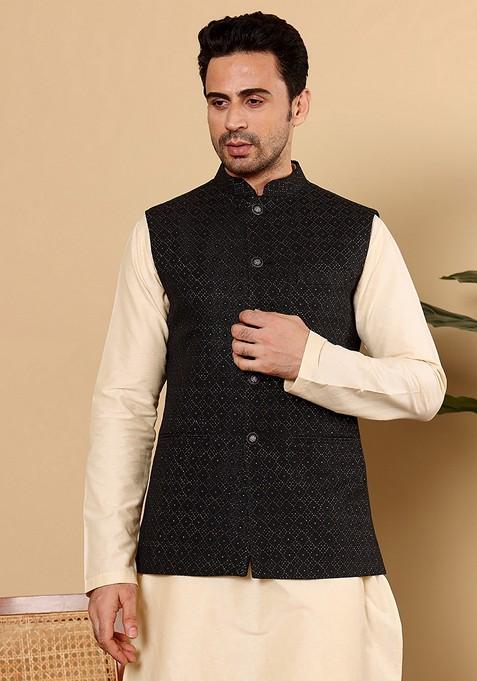 Black Embellished Viscose Silk Nehru Jacket