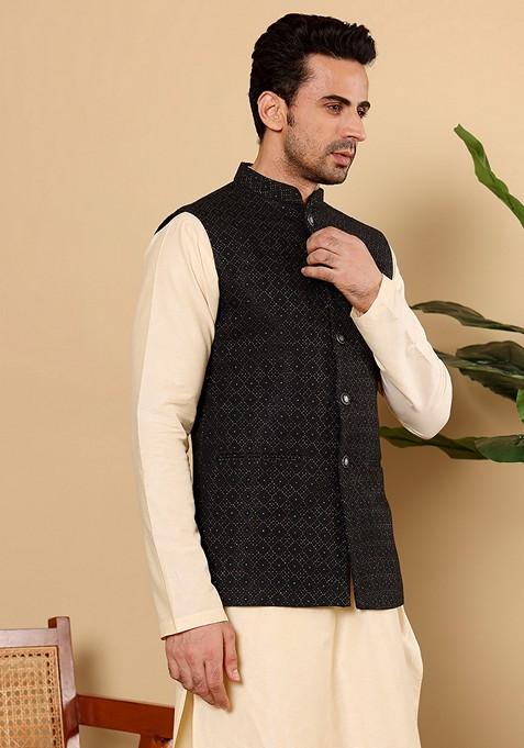 Black Embellished Viscose Silk Nehru Jacket