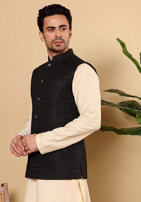 Black Embellished Viscose Silk Nehru Jacket