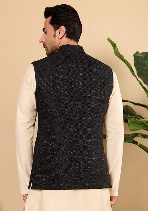 Black Embellished Viscose Silk Nehru Jacket