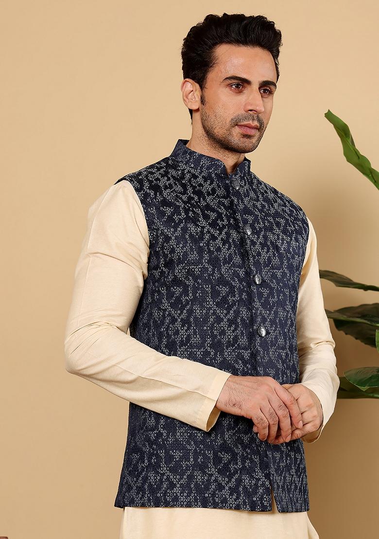 Blue Embellished Rayon Silk Nehru Jacket