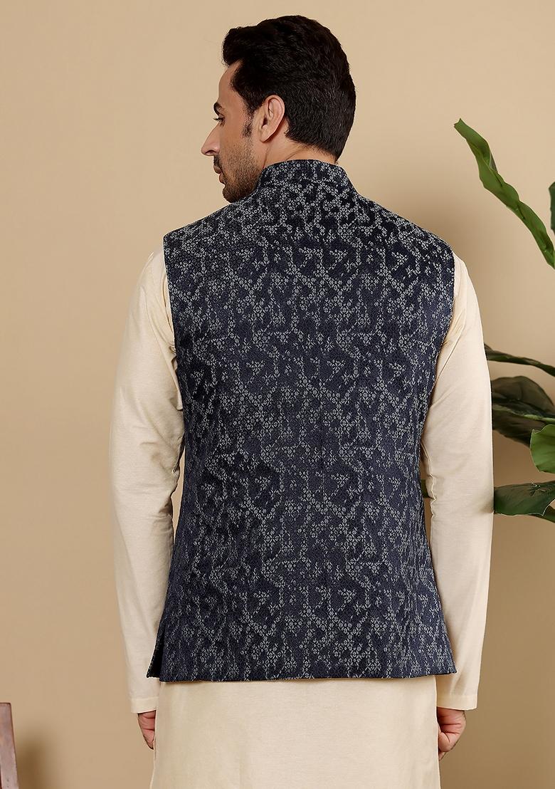 Blue Embellished Rayon Silk Nehru Jacket