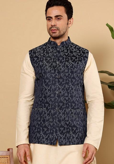 Blue Embellished Rayon Silk Nehru Jacket