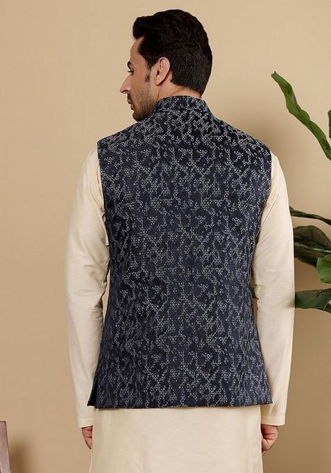 Blue Embellished Rayon Silk Nehru Jacket